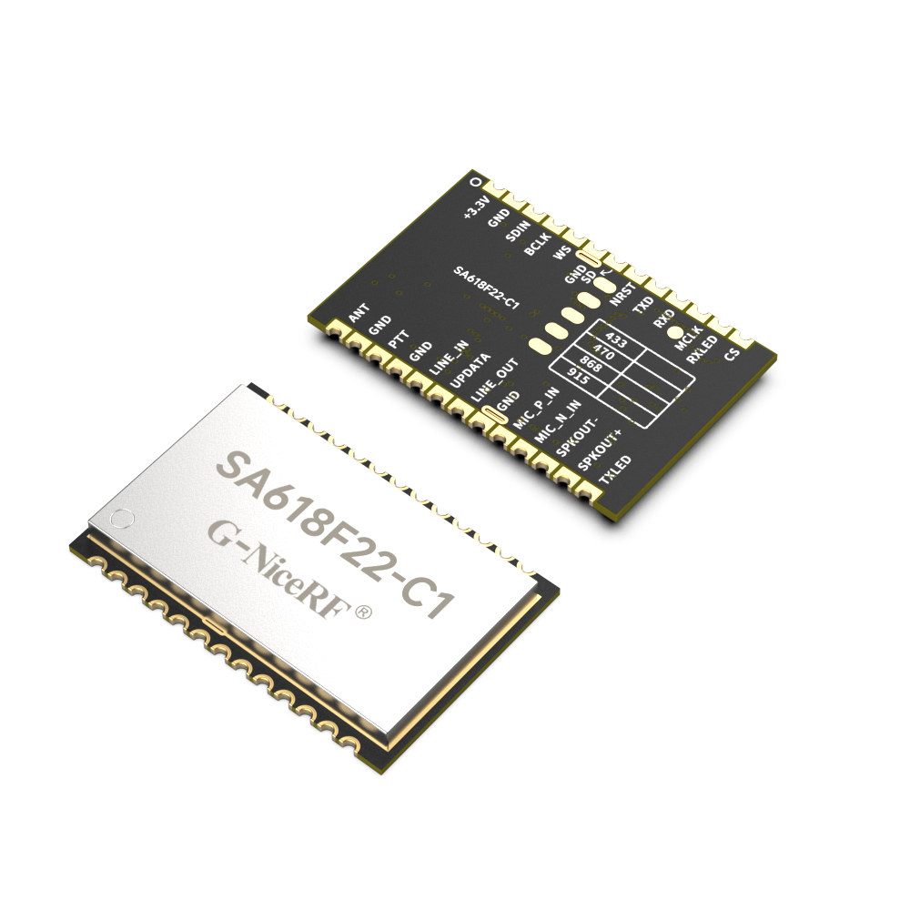 SA618F22-C1是我司一款升級(jí)版的無(wú)線(xiàn)數(shù)字和音頻二合一的全雙工傳輸模塊，具有更短的延時(shí)時(shí)間，同時(shí)支持8人同時(shí)高音質(zhì)通話(huà)。模塊支持多路并發(fā)并收功能，支持多級(jí)的中繼遠(yuǎn)傳、空中升級(jí)或者串口升級(jí)。模塊采用了寬帶擴(kuò)頻技術(shù)，具有功耗低、距離遠(yuǎn)、頻率調(diào)節(jié)靈活等特點(diǎn)。